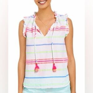 Vineyard Vines Colorful Striped Ruffle Blouse Guava Neon XL